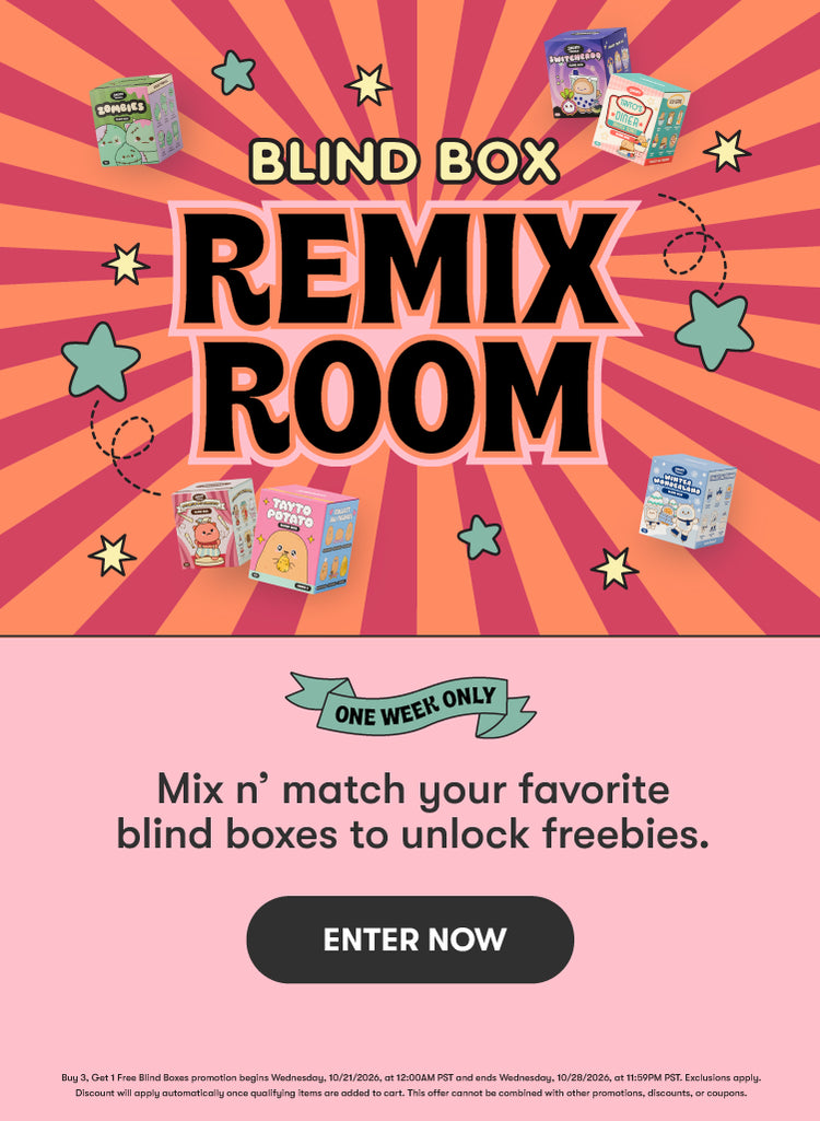 Bliind Box Remix Room. One week only. Mix n' match your favorite blind boxes to unlock freebies. Enter now. Buy 3, Get 1 Free Blind Boxes.