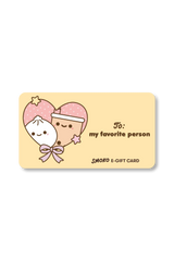 Gift card with cartoon characters and text on a yellow background